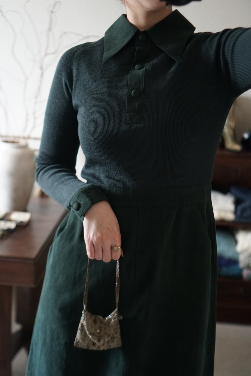 1970's Rib Knit×Suede Dress