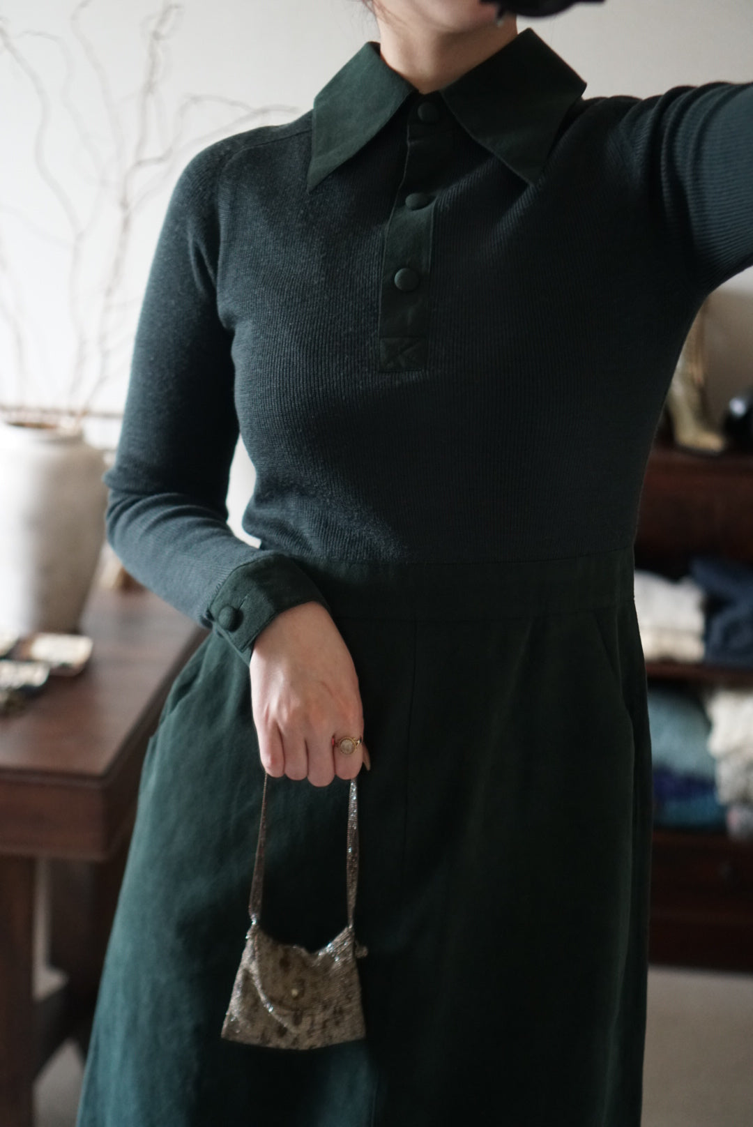 1970's Rib Knit×Suede Dress