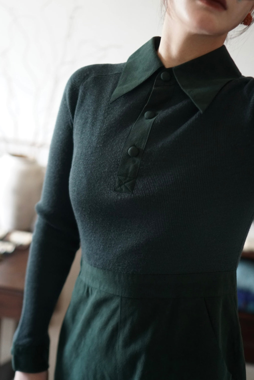 1970's Rib Knit×Suede Dress