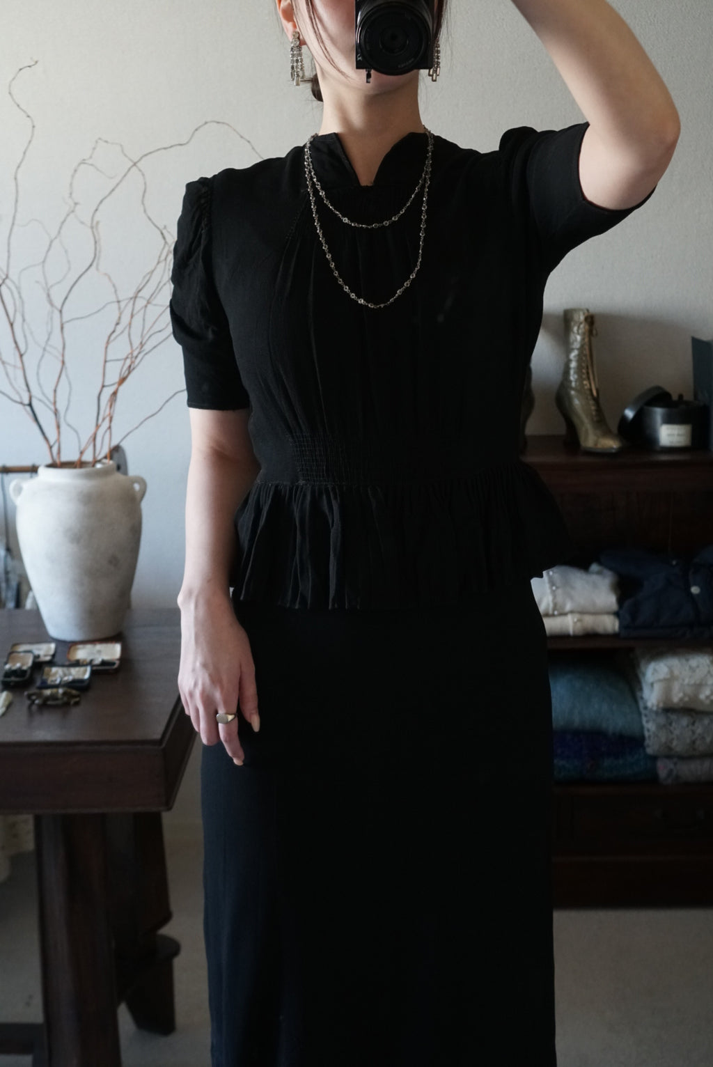1940's Black Gathered Medium Dress