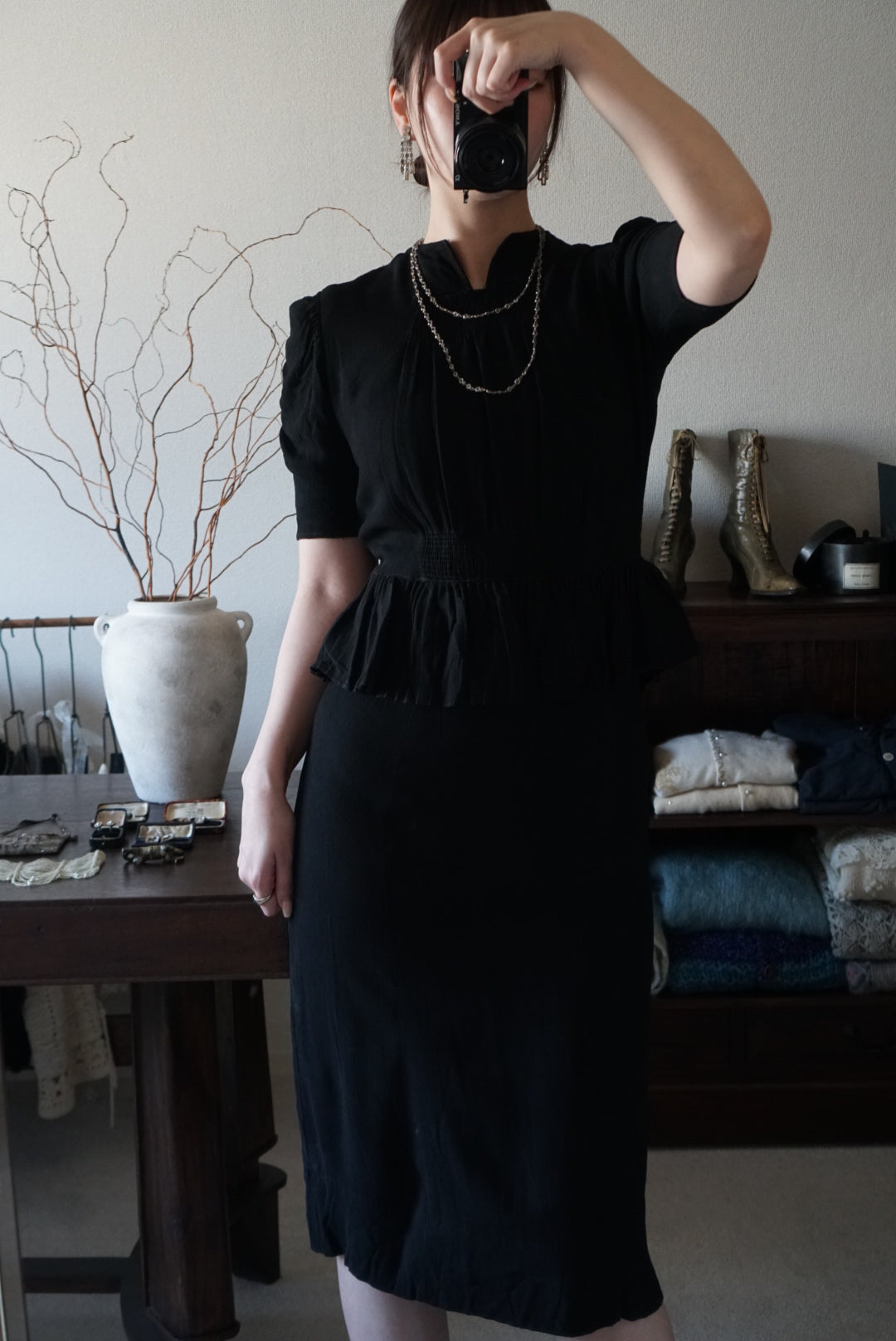 1940's Black Gathered Medium Dress