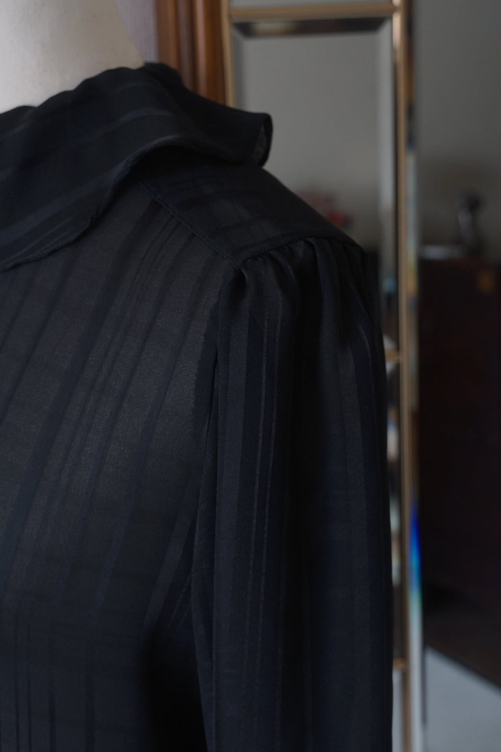 1980's Sheer Black Ruffled Collar Blouse