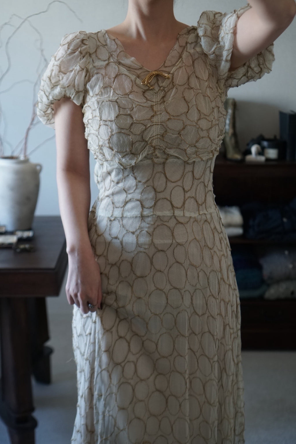 1920’s White×Gold Embroidered Net Maxi Dress