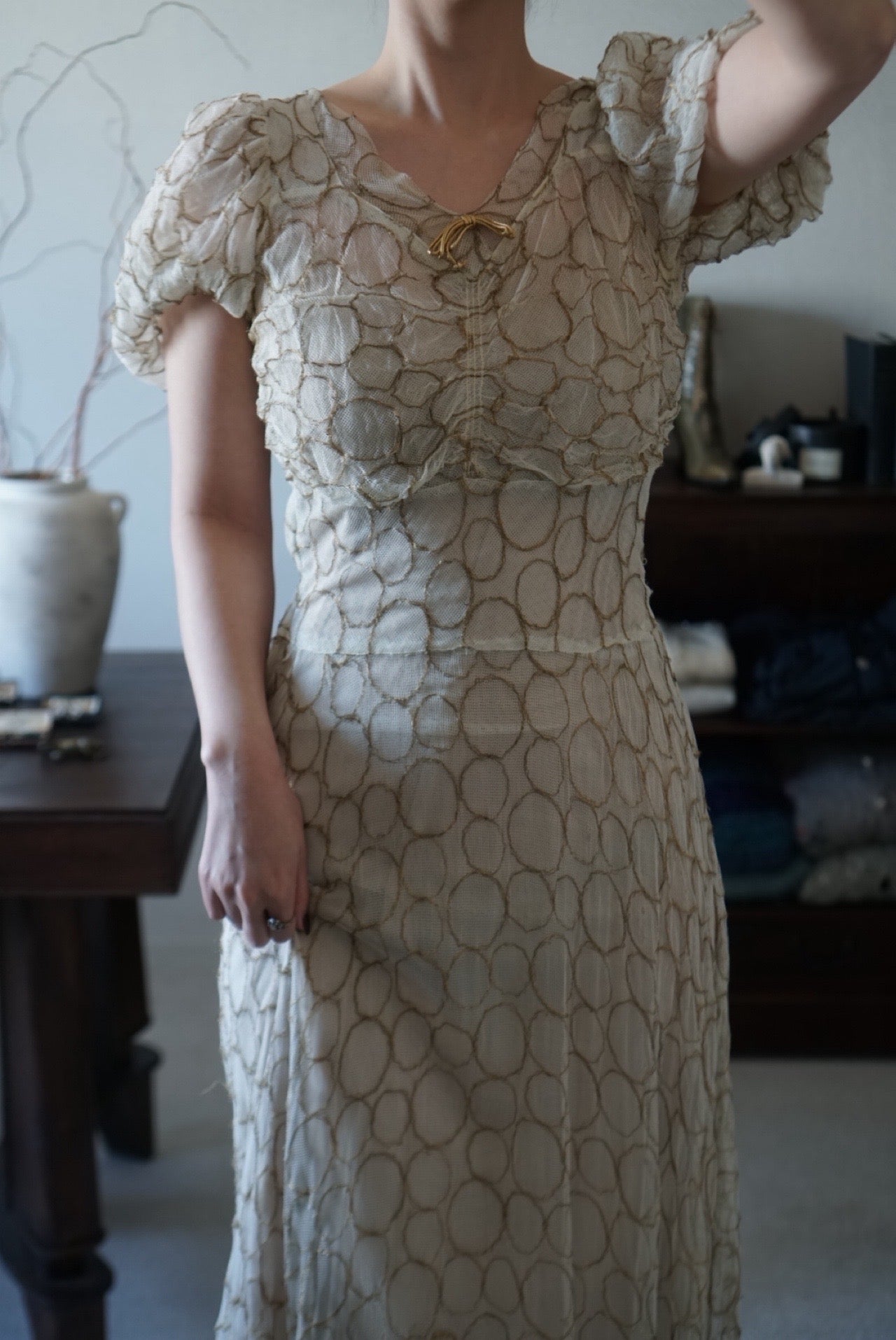 1920’s White×Gold Embroidered Net Maxi Dress