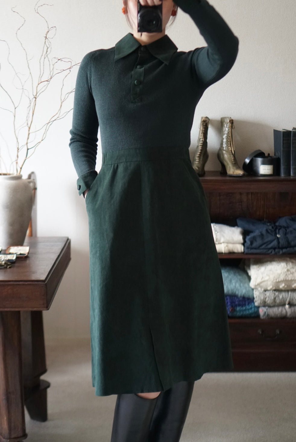 1970's Rib Knit×Suede Dress
