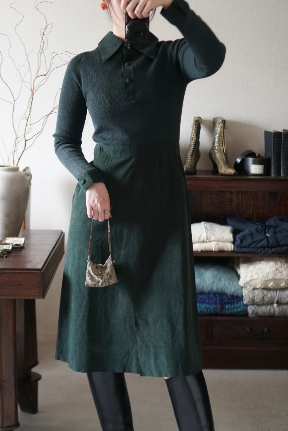 1970's Rib Knit×Suede Dress
