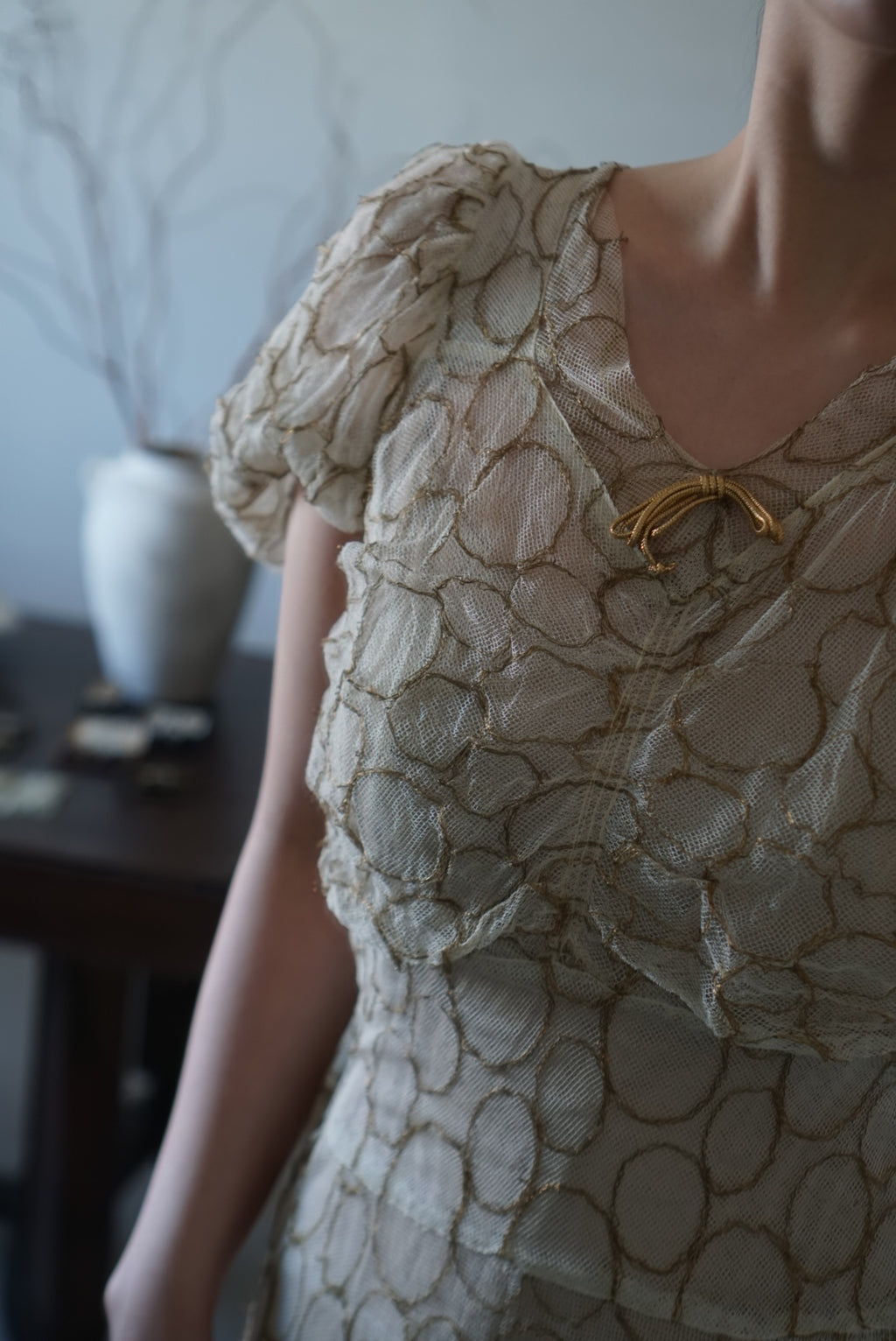 1920’s White×Gold Embroidered Net Maxi Dress