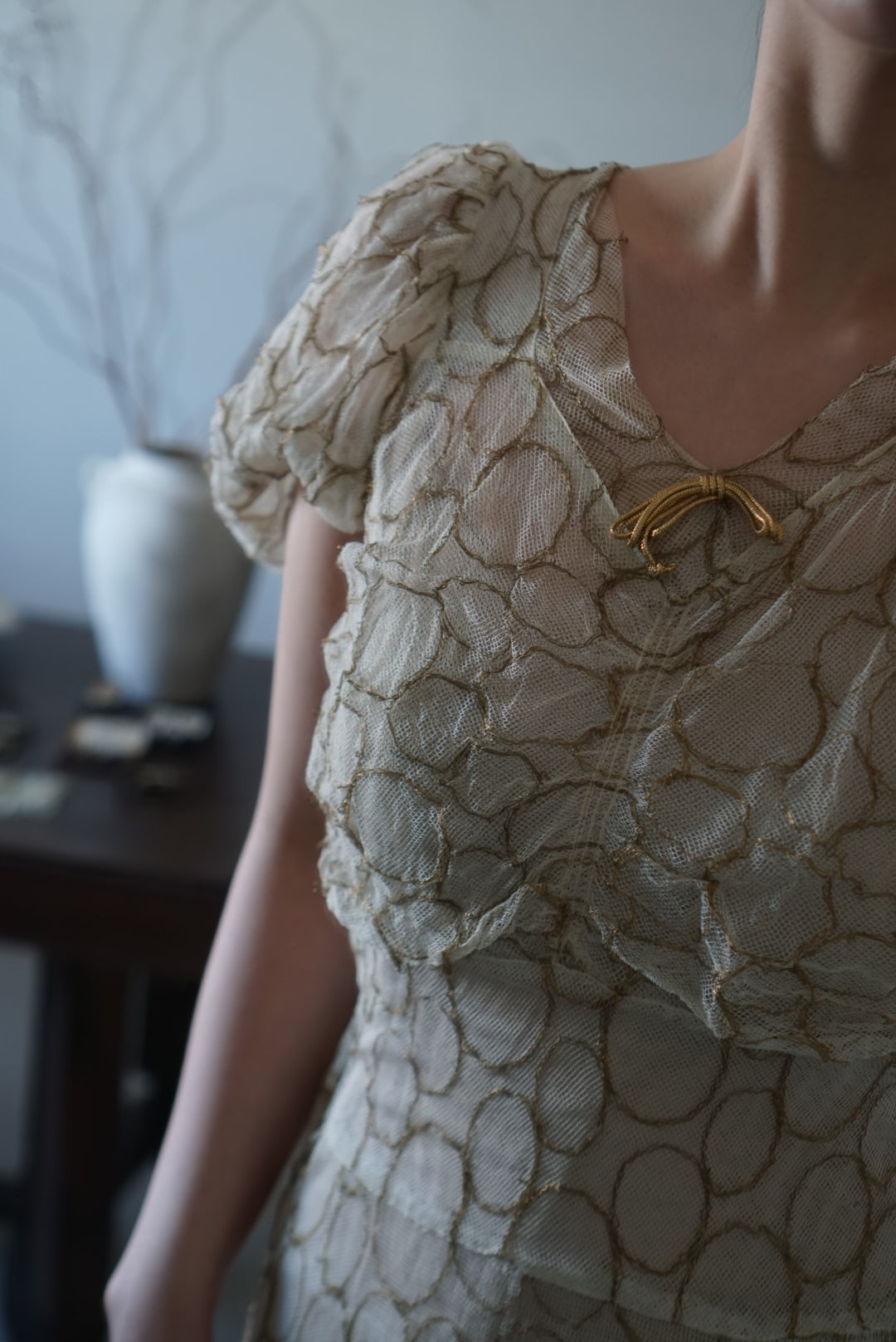 1920’s White×Gold Embroidered Net Maxi Dress