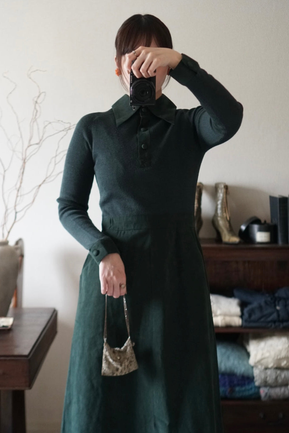 1970's Rib Knit×Suede Dress