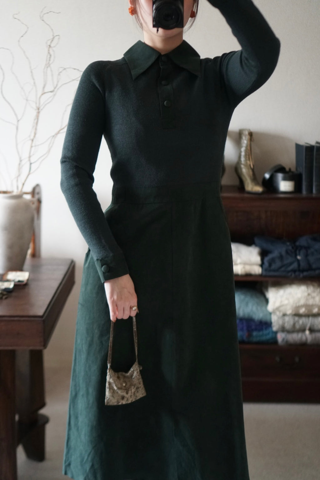 1970's Rib Knit×Suede Dress