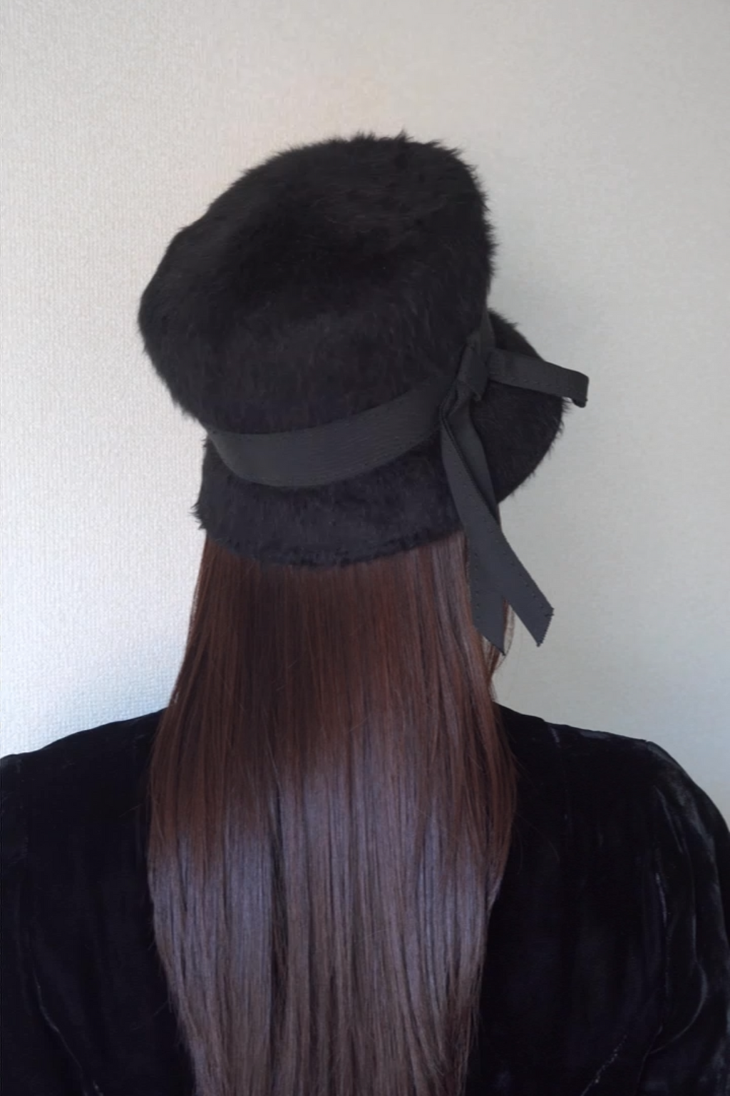 1960’s Black Fuzzy Felt Hat with Wide Ribbon