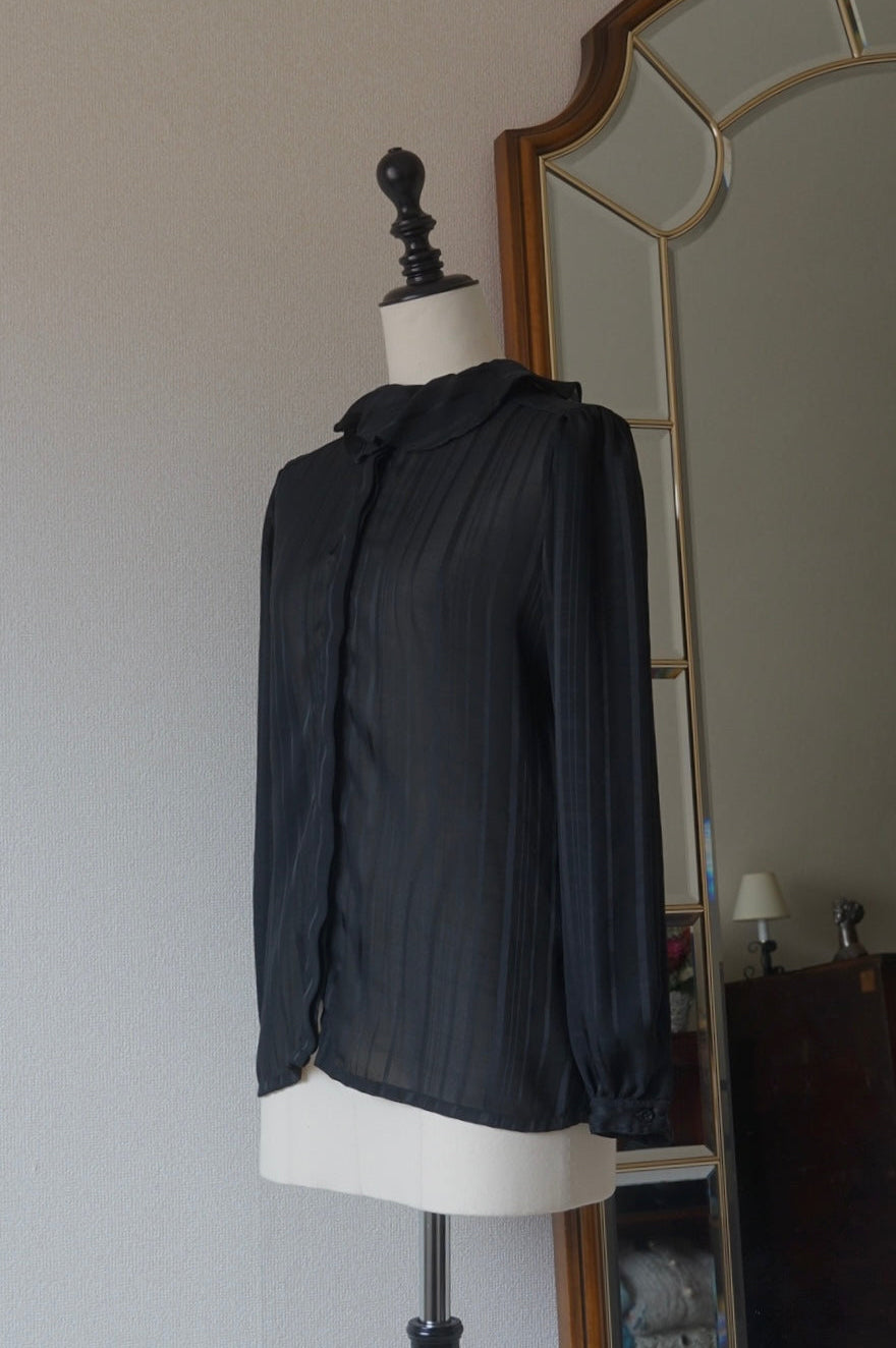 1980's Sheer Black Ruffled Collar Blouse