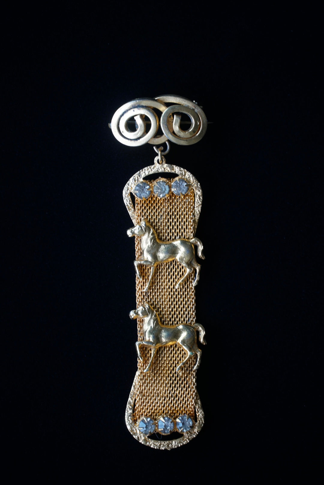 Vintage Gold Mesh Horses Belt Brooch