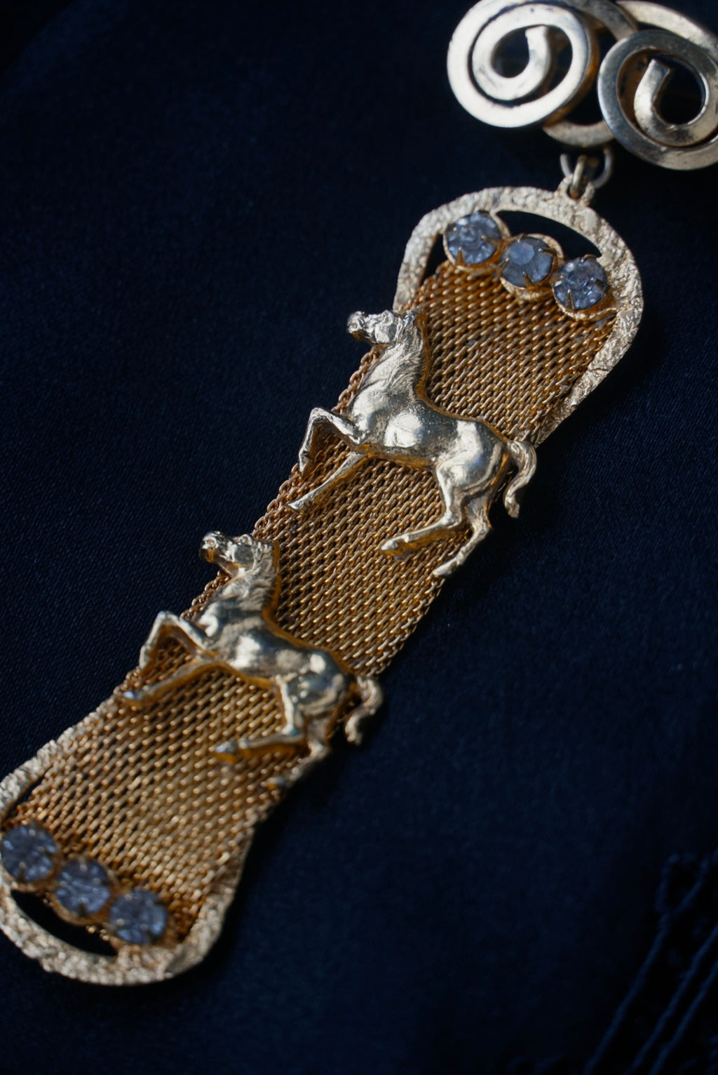 Vintage Gold Mesh Horses Belt Brooch