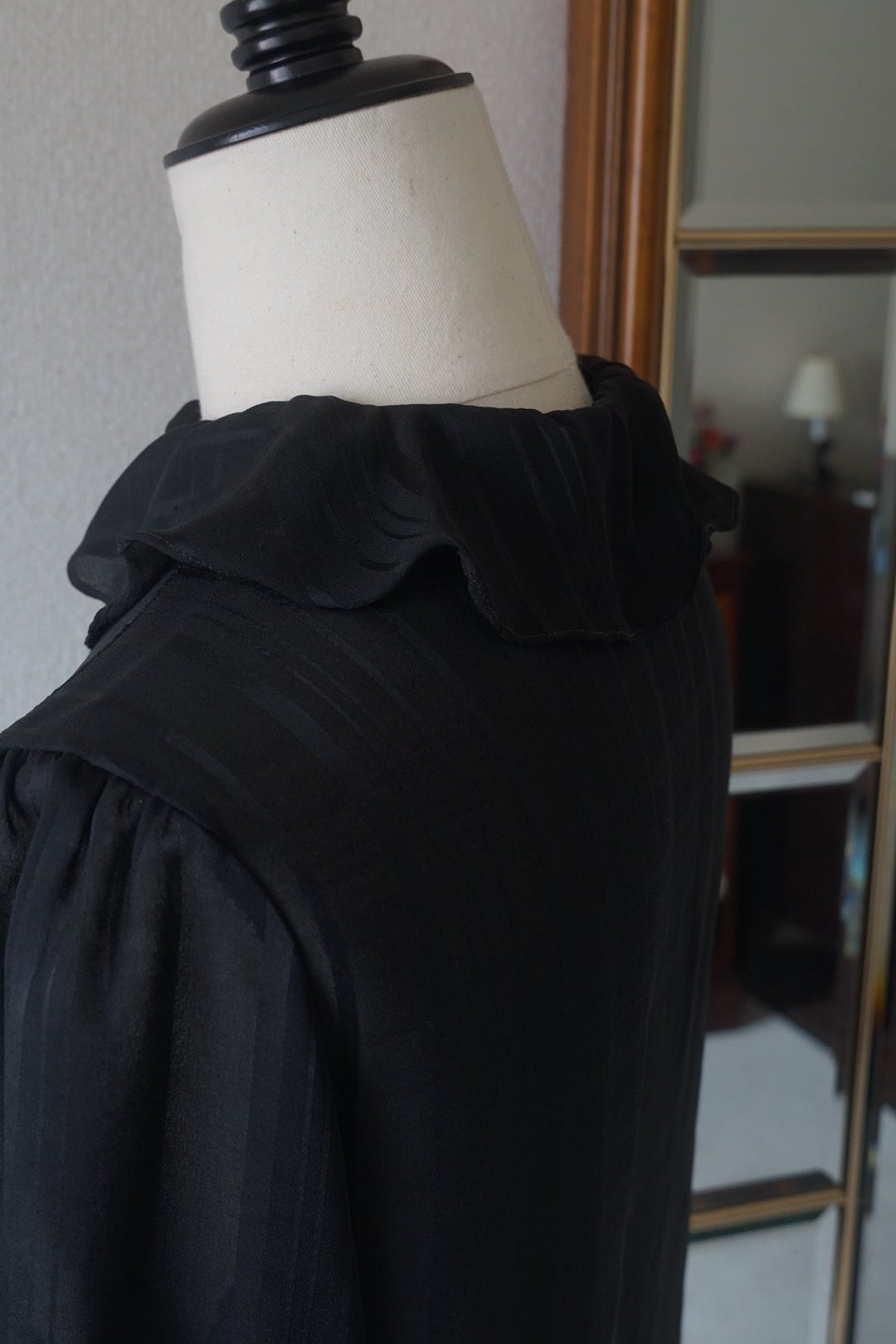1980's Sheer Black Ruffled Collar Blouse