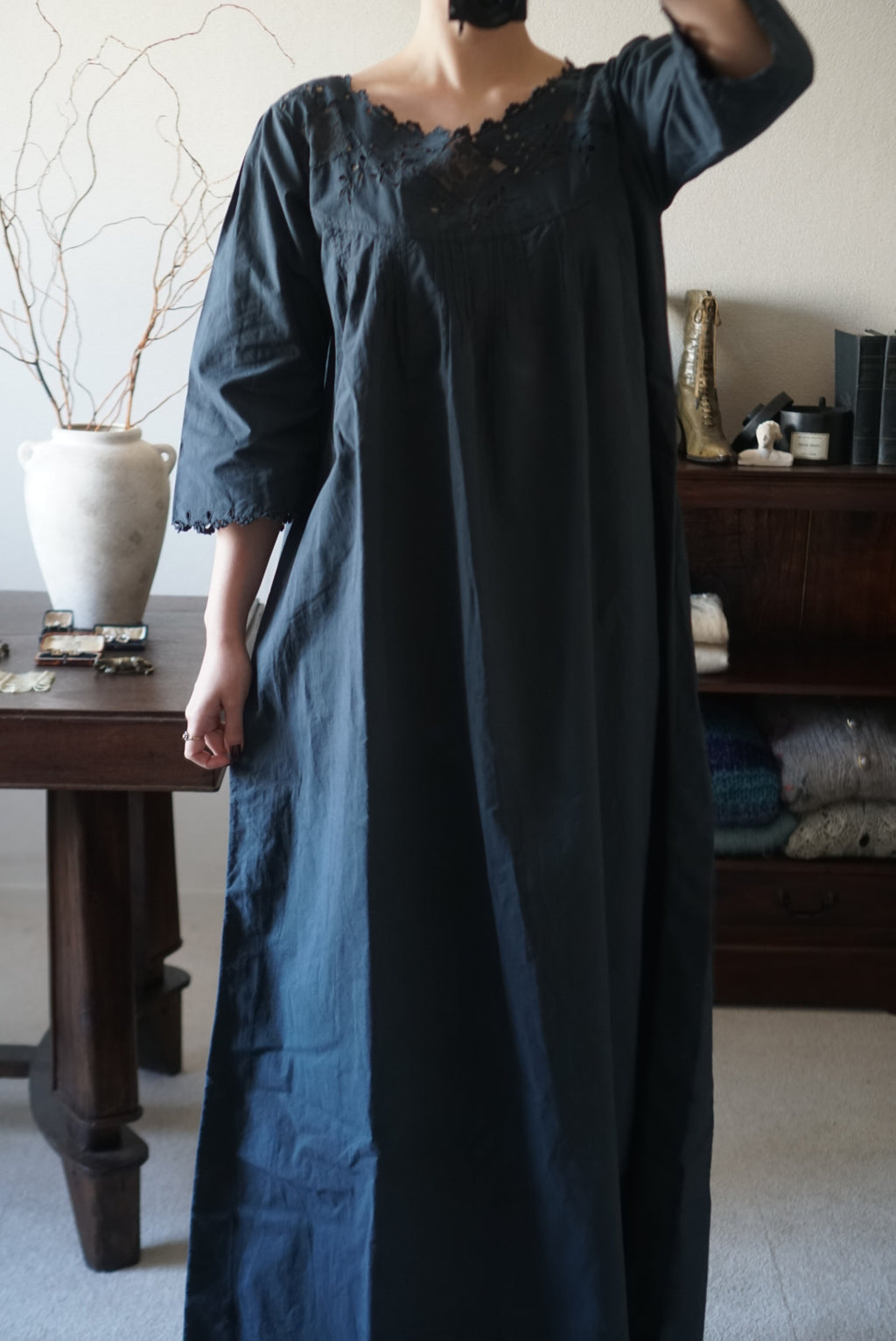Antique French Cotton Filet lace Long Dress