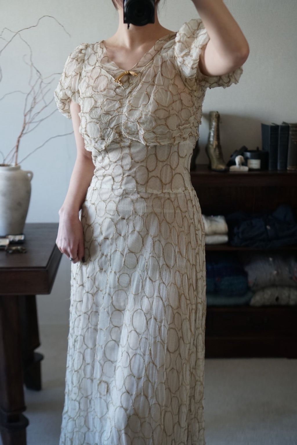 1920’s White×Gold Embroidered Net Maxi Dress