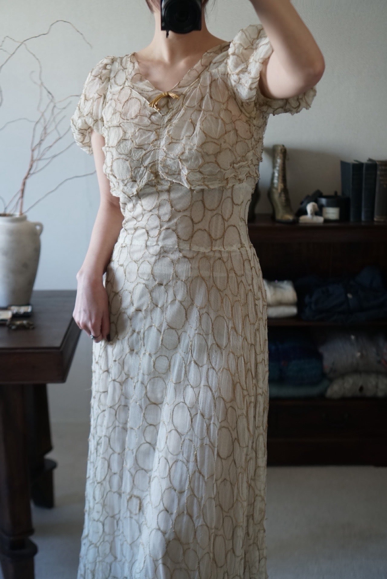 1920’s White×Gold Embroidered Net Maxi Dress