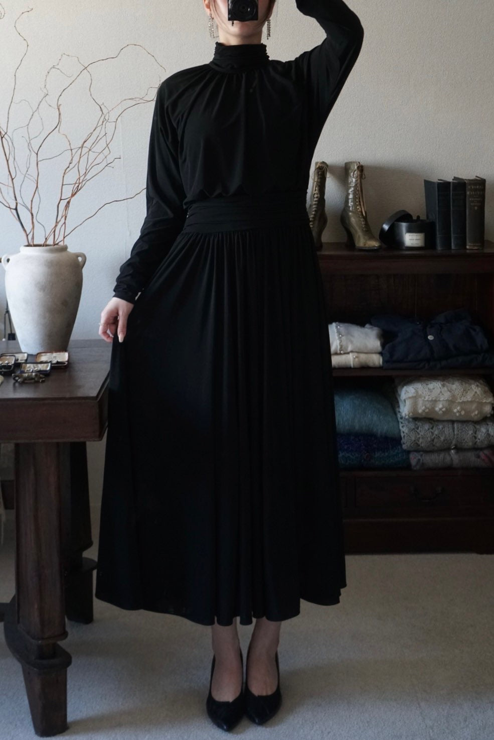1980's Black High Neck Dress