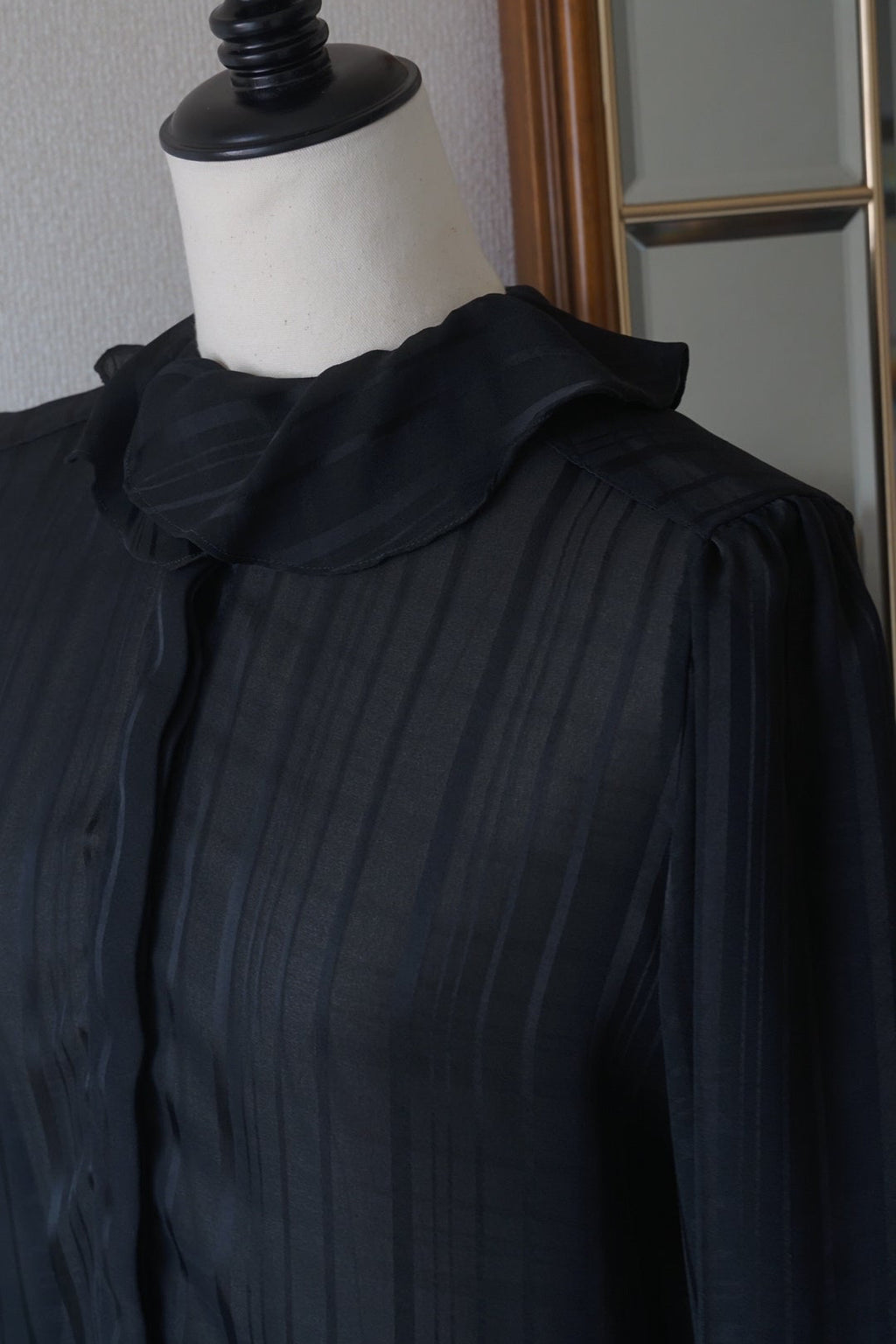 1980's Sheer Black Ruffled Collar Blouse