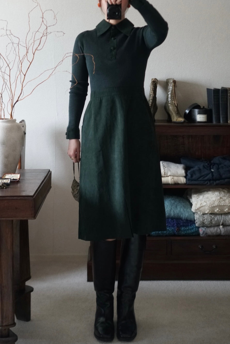 1970's Rib Knit×Suede Dress