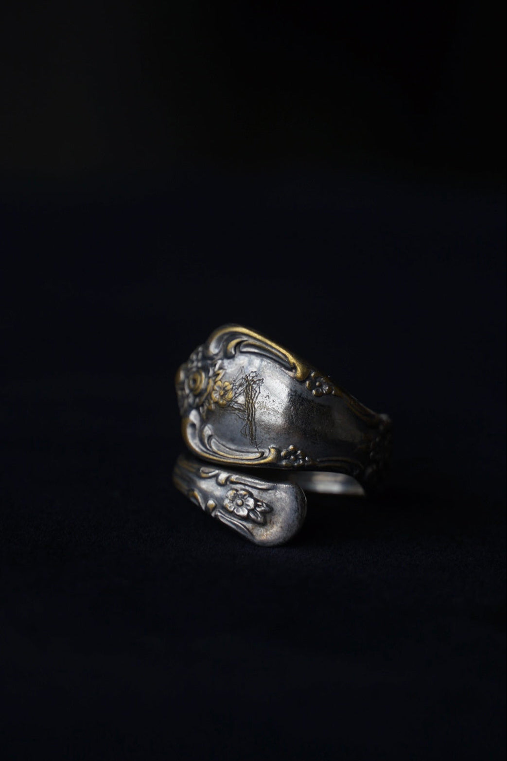 1930's Silver Initial”A” Floral Spoon ring