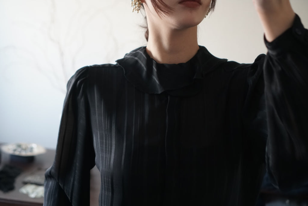 1980's Sheer Black Ruffled Collar Blouse