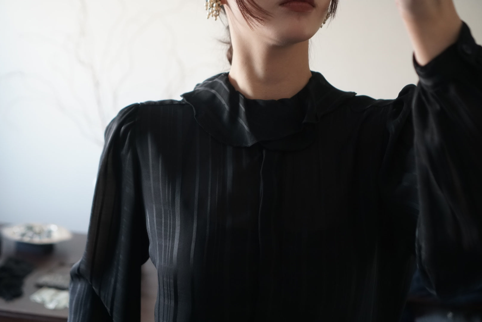 1980's Sheer Black Ruffled Collar Blouse