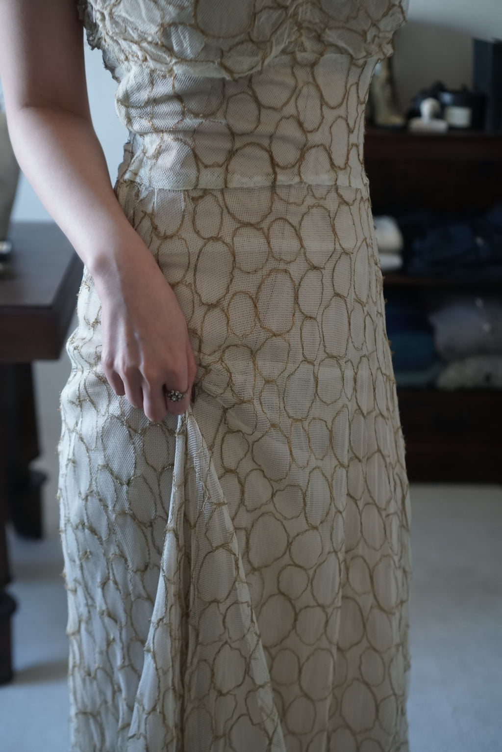 1920’s White×Gold Embroidered Net Maxi Dress