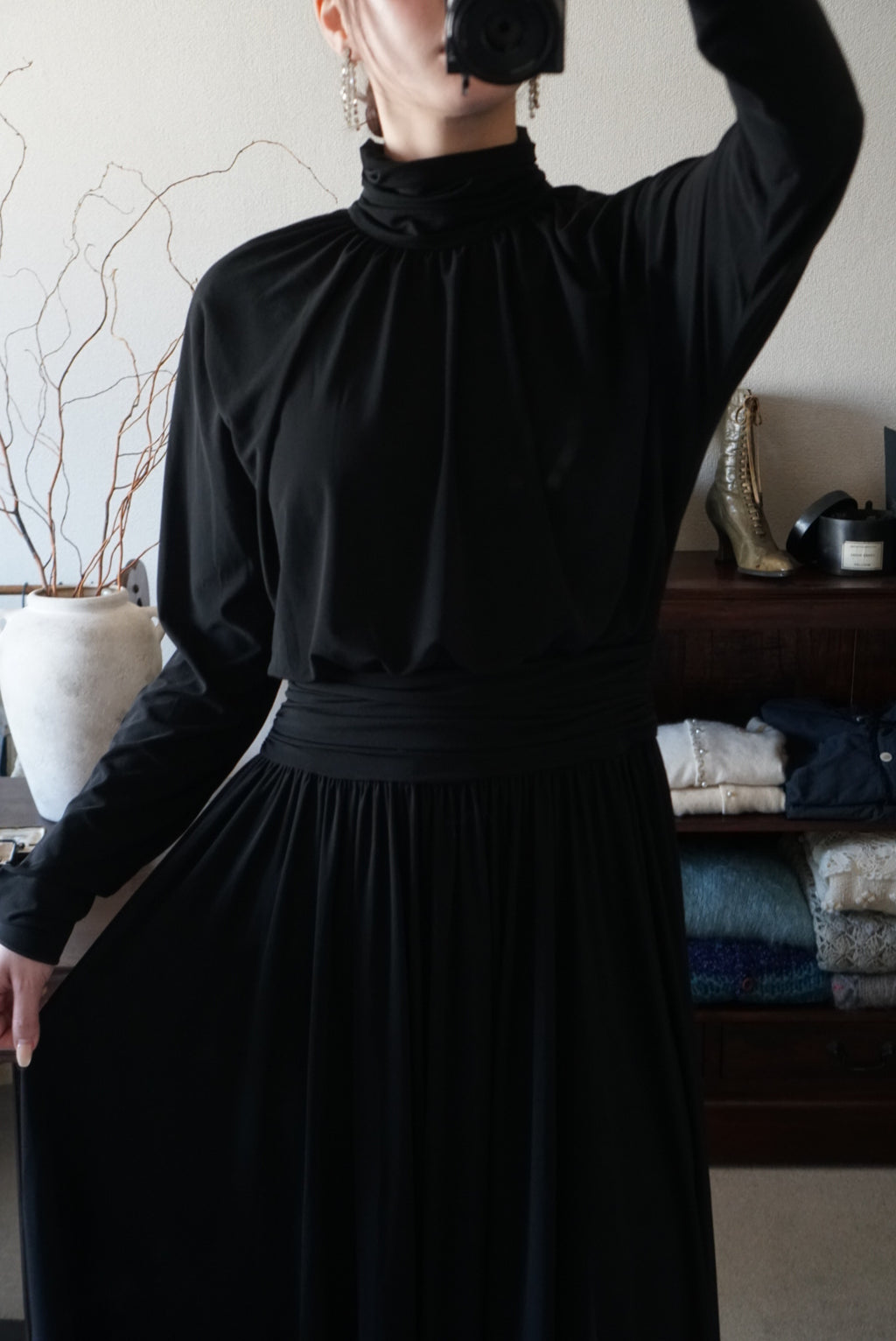 1980's Black High Neck Dress