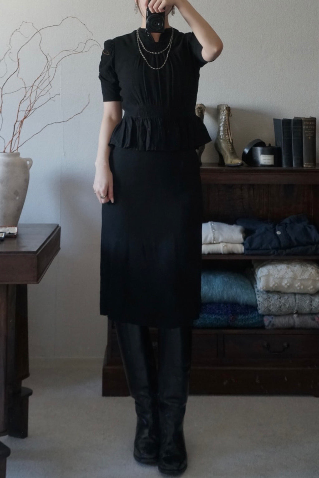 1940's Black Gathered Medium Dress