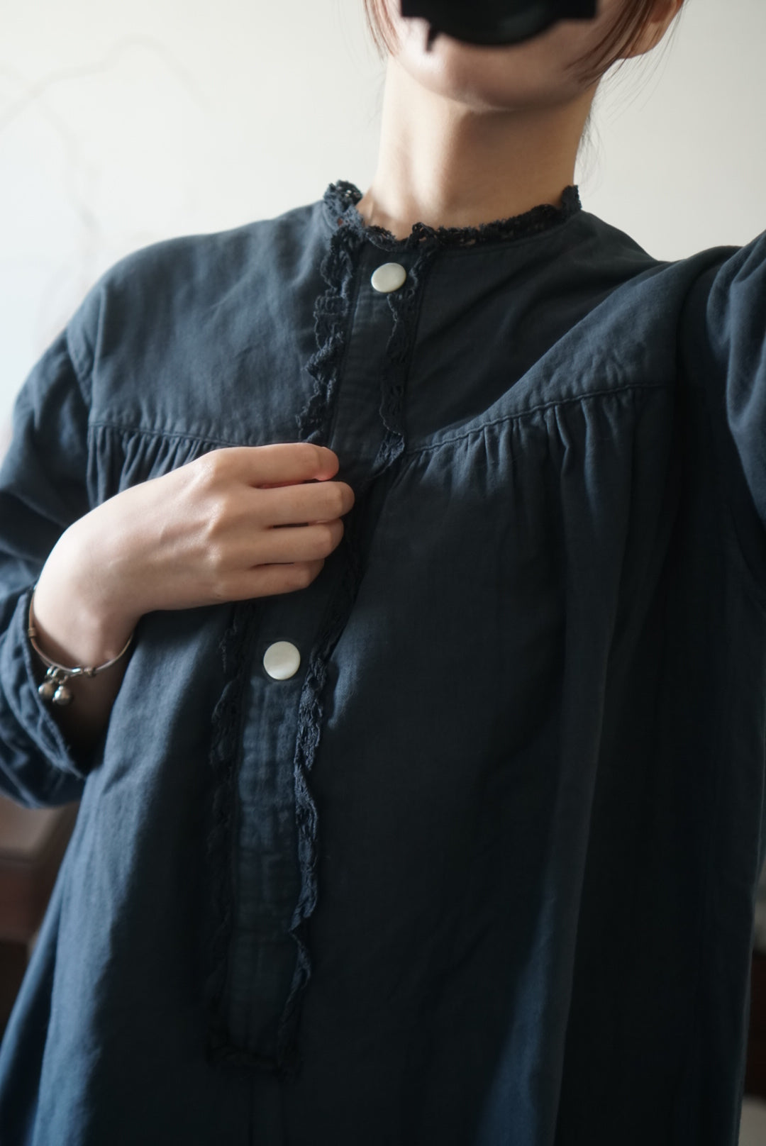 Antique French Cotton Gathered Long Dress