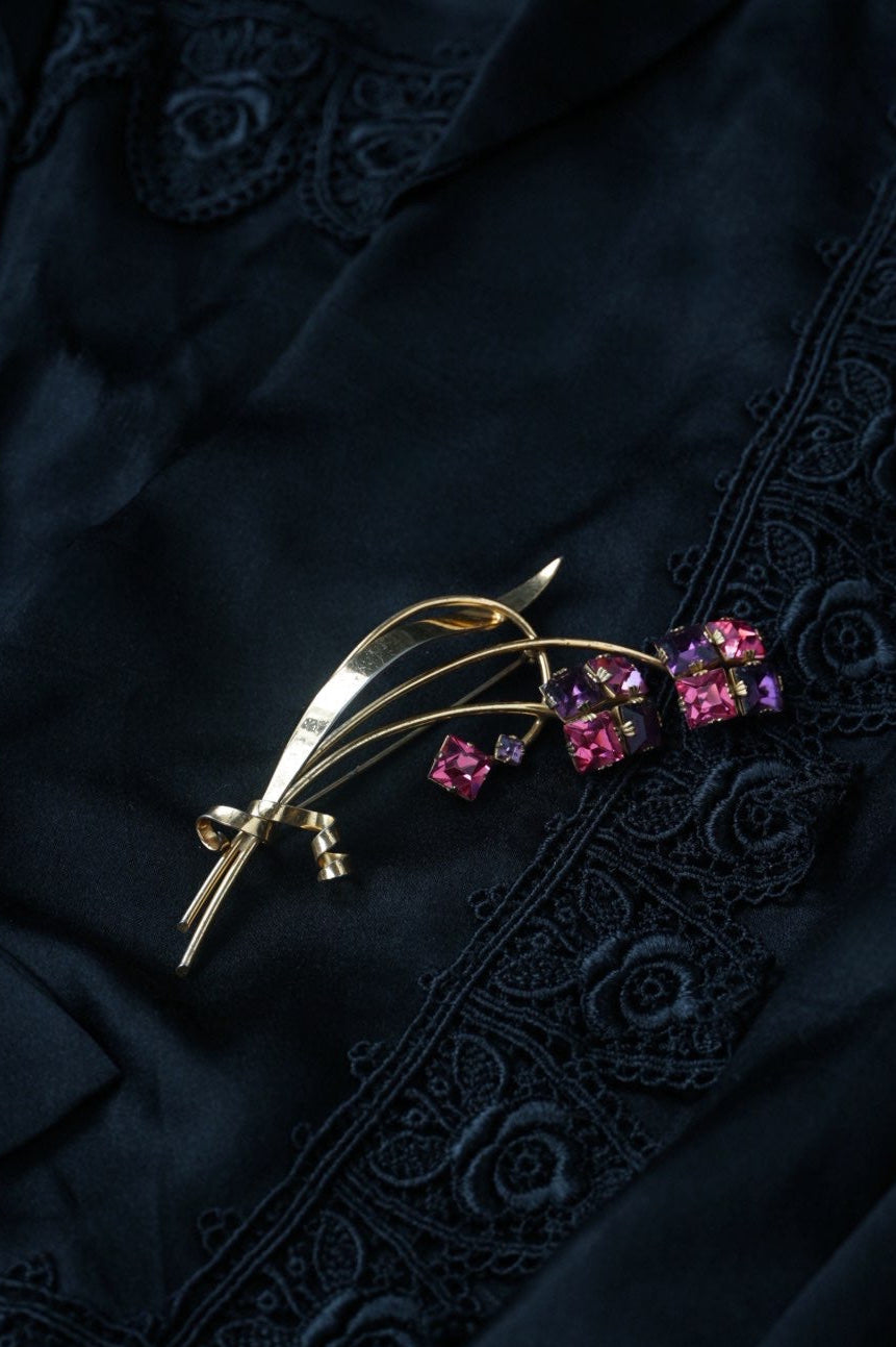 Vintage Square Cut Rhinestones Flower Bouquet Brooch