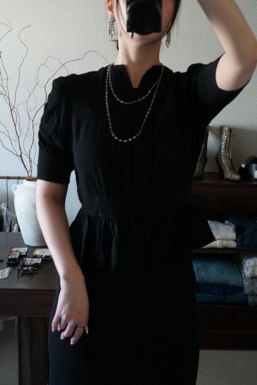 1940's Black Gathered Medium Dress