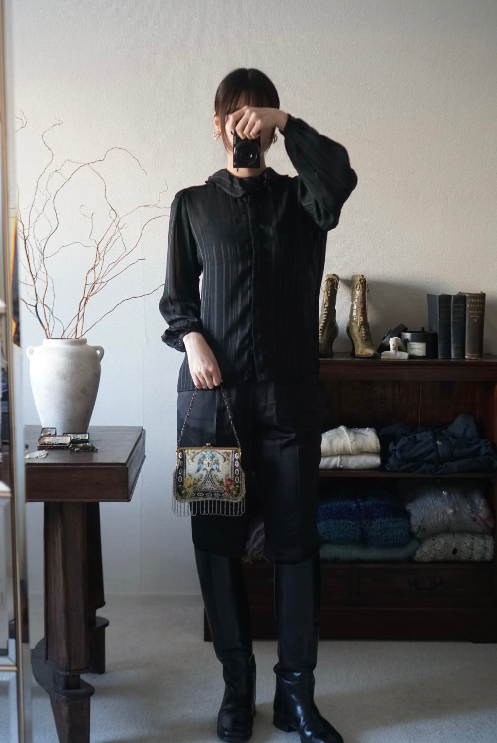 1980's Sheer Black Ruffled Collar Blouse