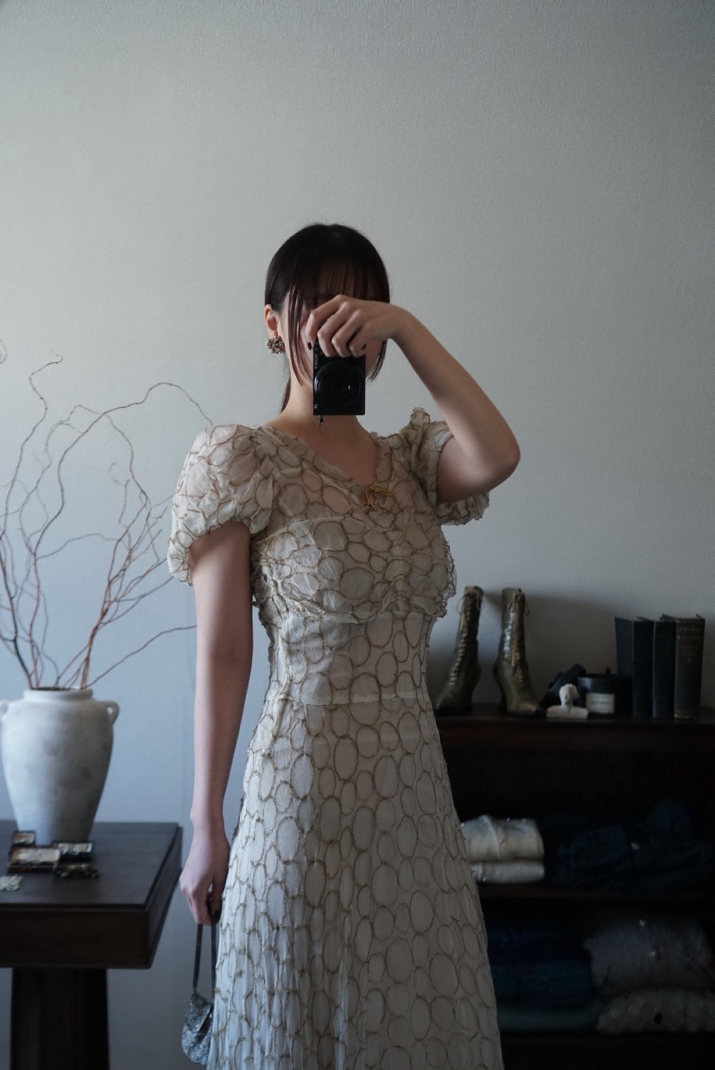 1920’s White×Gold Embroidered Net Maxi Dress
