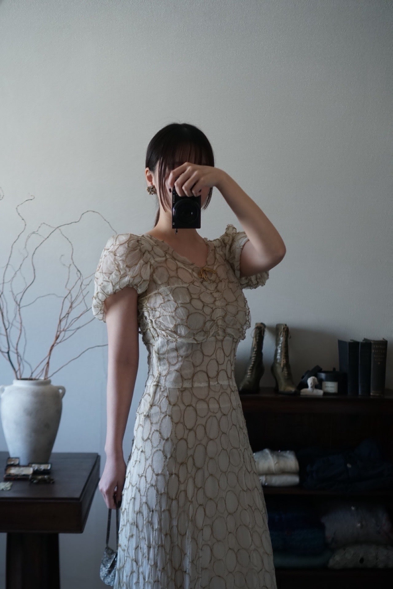 1920’s White×Gold Embroidered Net Maxi Dress