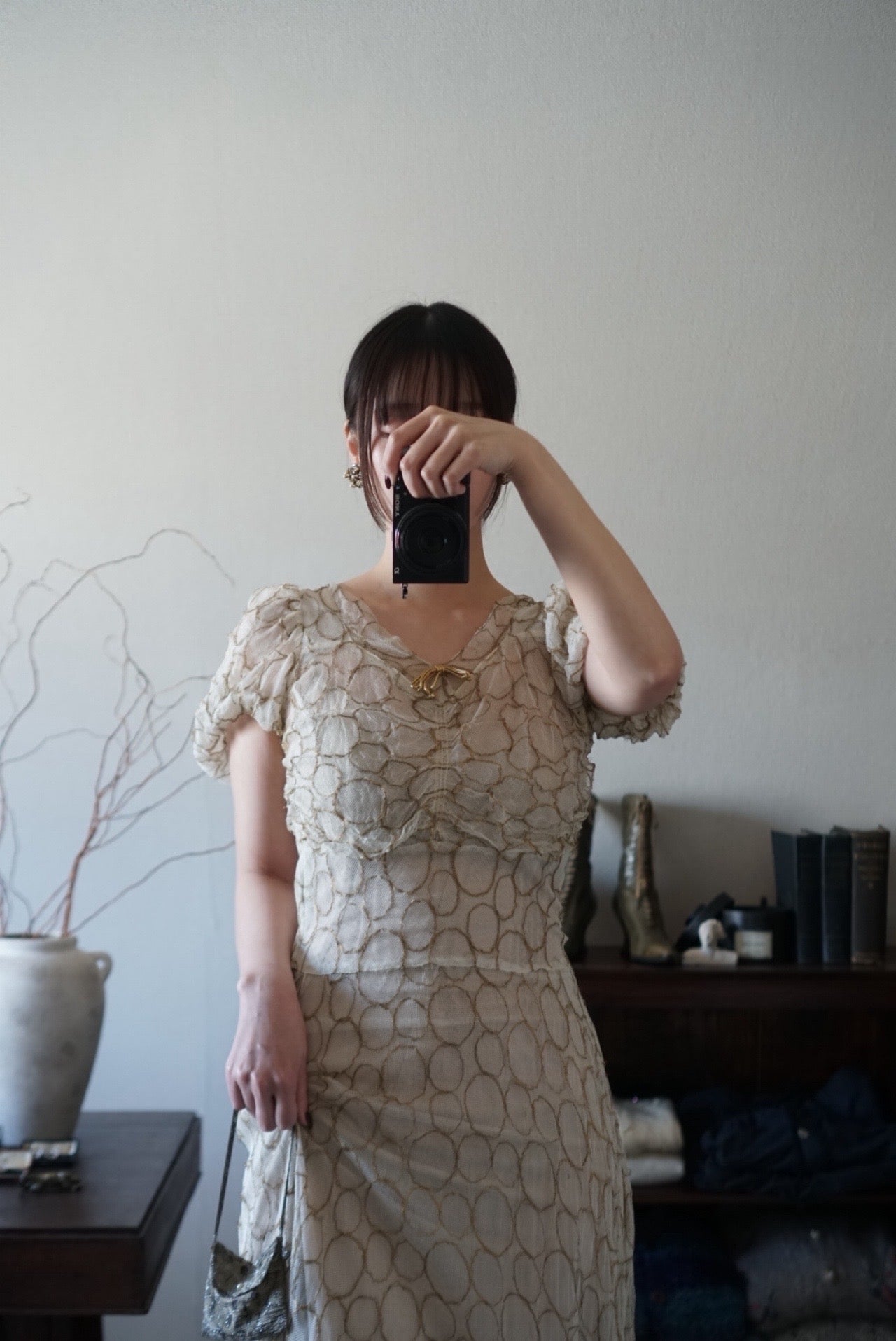 1920’s White×Gold Embroidered Net Maxi Dress