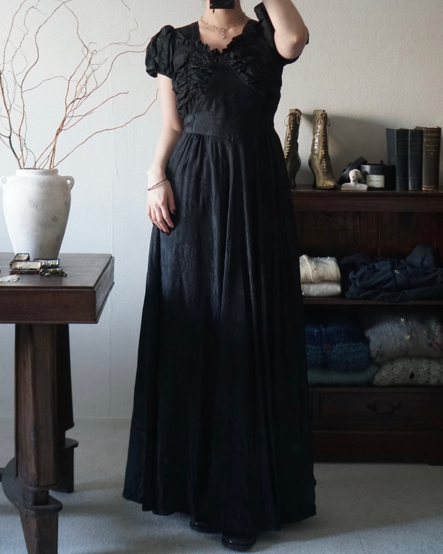 1930’s Black Fuzzy Floral Maxi Dress