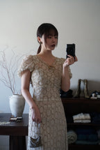 1920’s White×Gold Embroidered Net Maxi Dress
