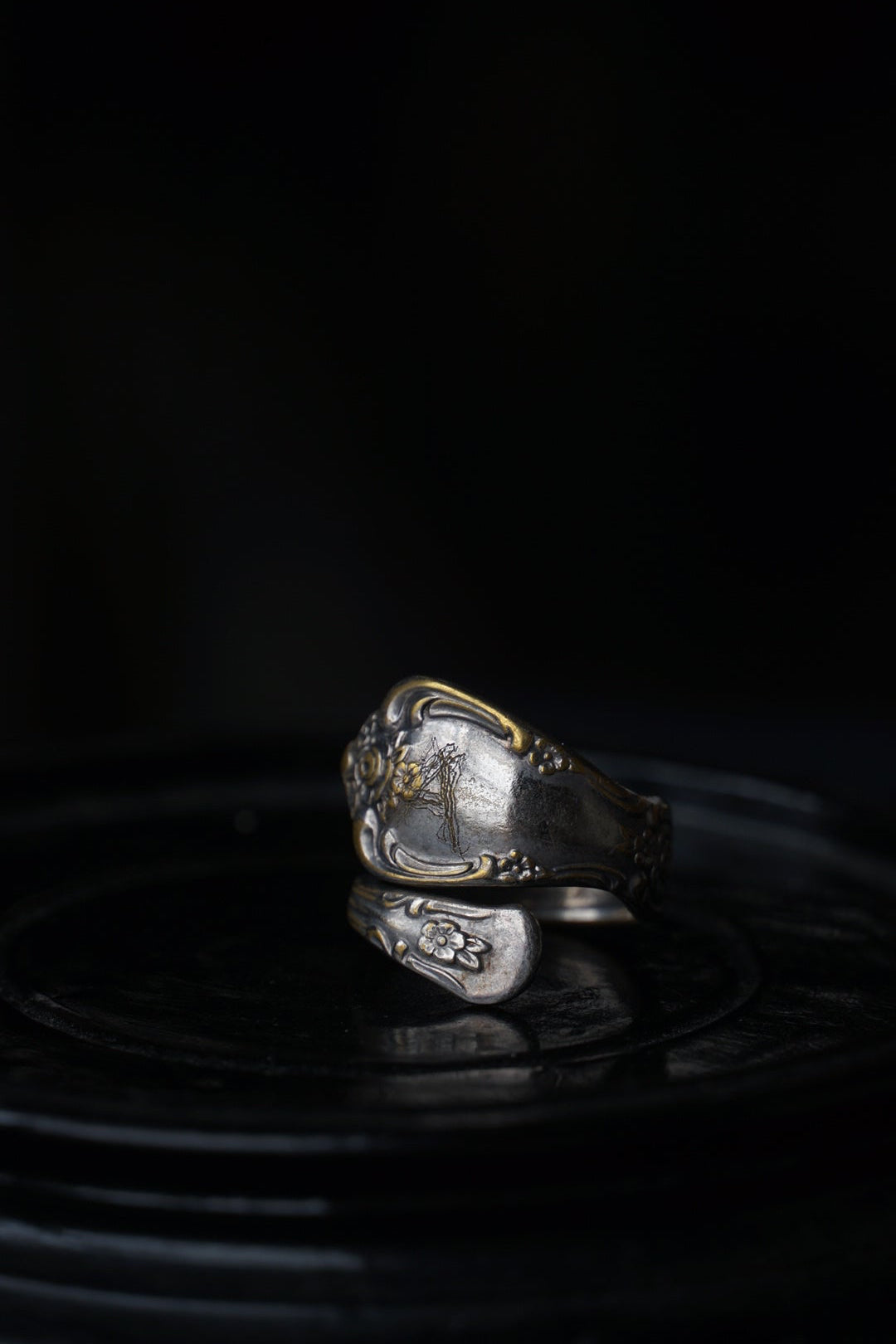 1930's Silver Initial”A” Floral Spoon ring