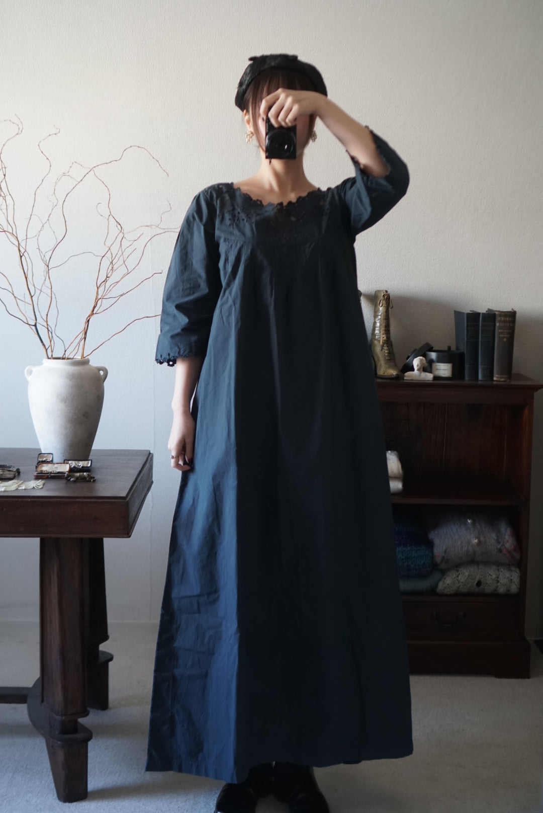 Antique French Cotton Filet lace Long Dress