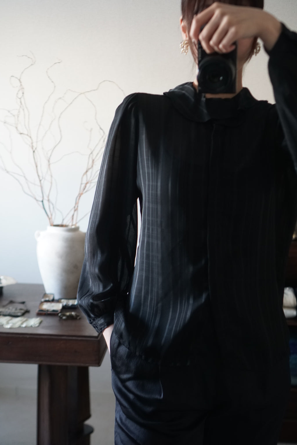 1980's Sheer Black Ruffled Collar Blouse