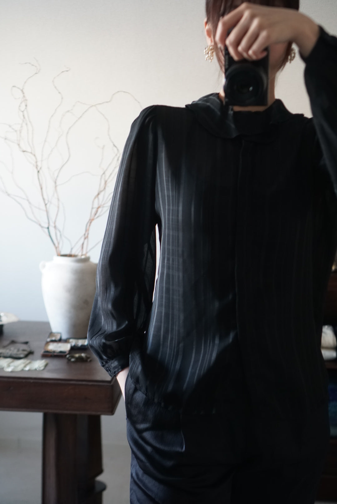 1980's Sheer Black Ruffled Collar Blouse