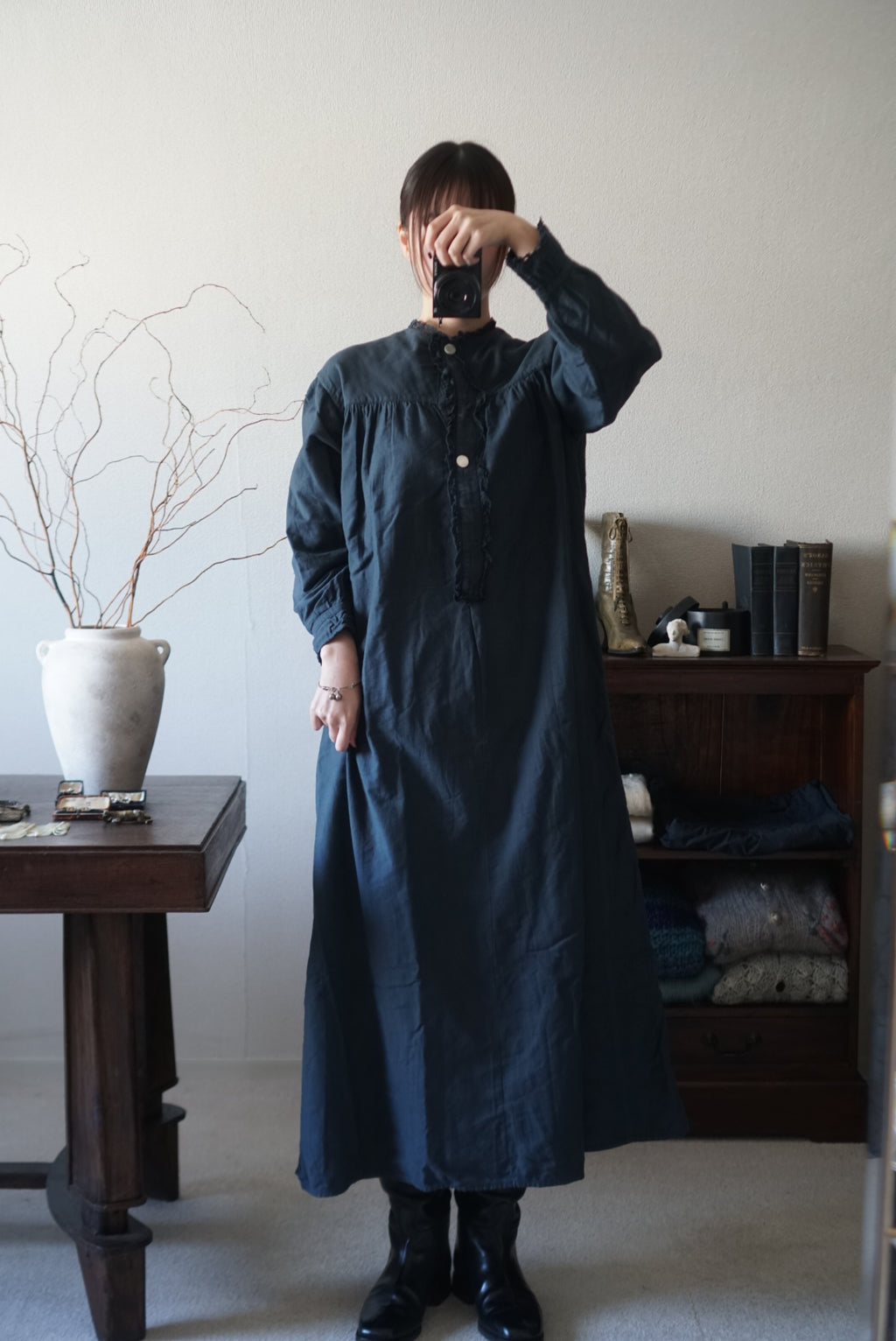 Antique French Cotton Gathered Long Dress