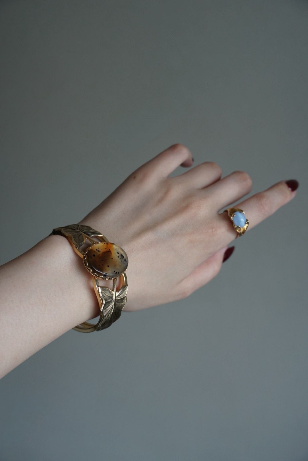 Vintage Speckled Agate Gold Leaf Bangle