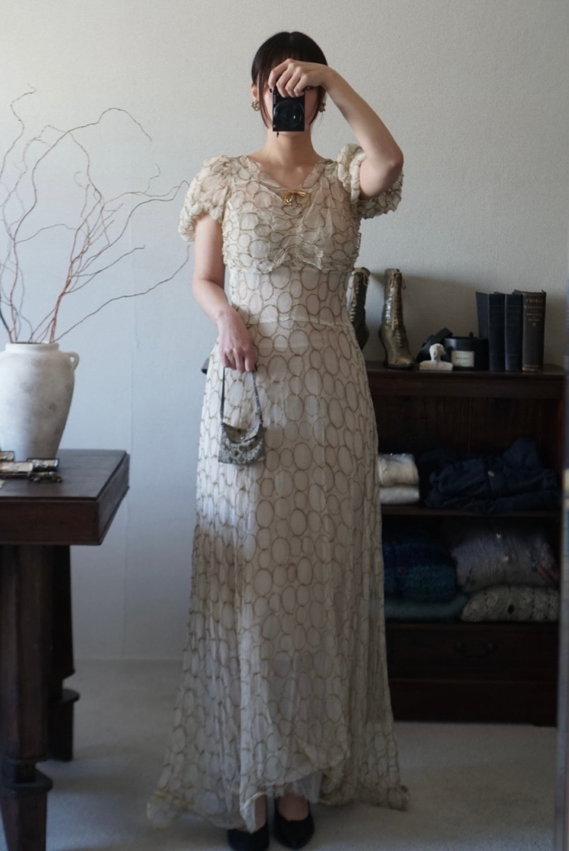 1920’s White×Gold Embroidered Net Maxi Dress
