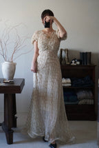 1920’s White×Gold Embroidered Net Maxi Dress