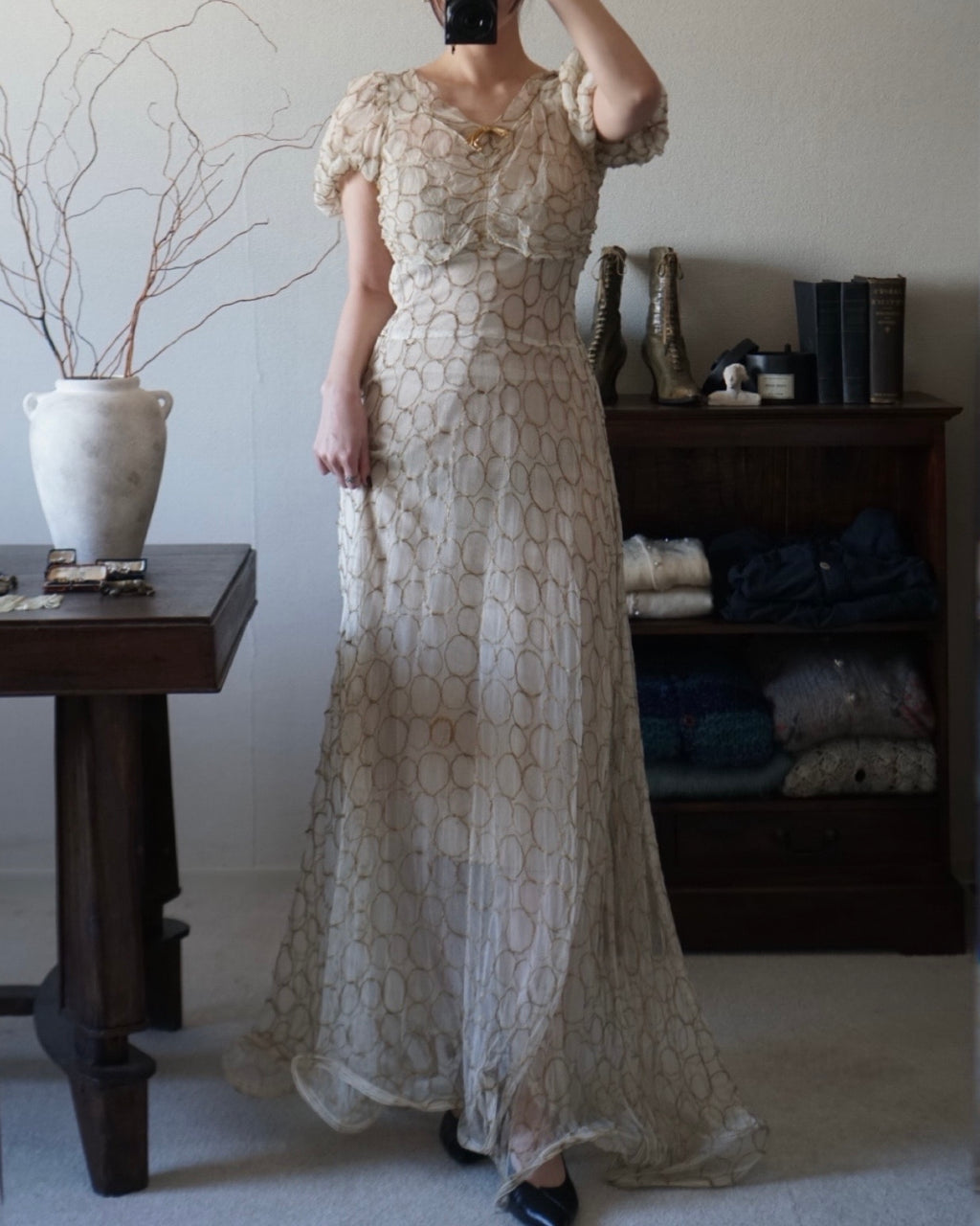1920’s White×Gold Embroidered Net Maxi Dress