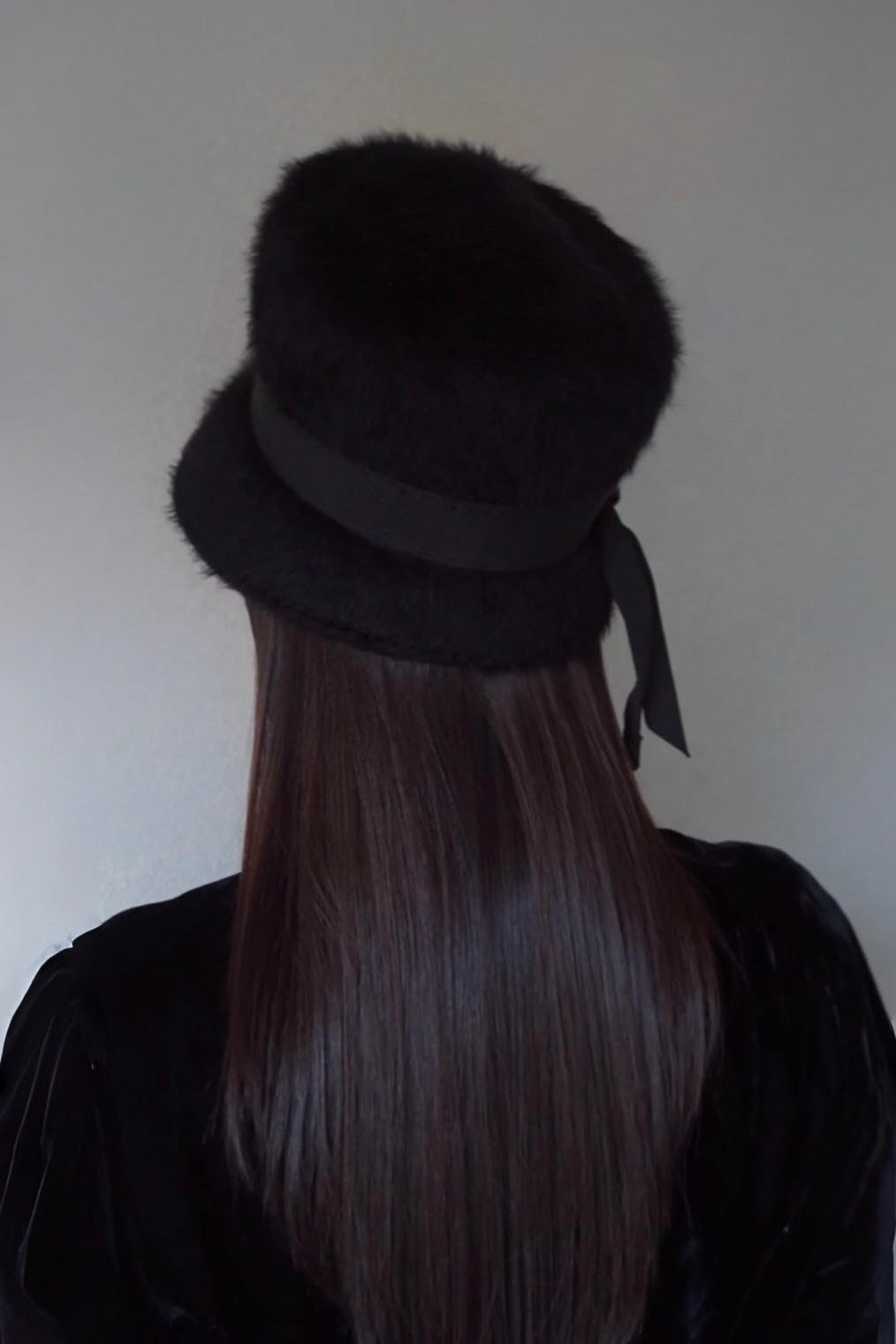 1960’s Black Fuzzy Felt Hat with Wide Ribbon